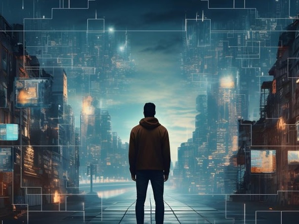 media and digital AI man stands in the middle of screens looking into the distance
